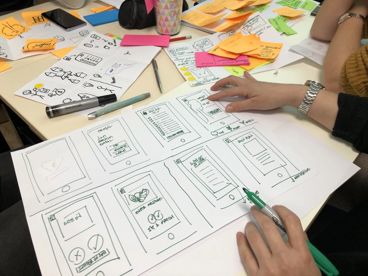 Hands sketching paper prototypes across a table covered with rough layouts, markers, and sticky notes.