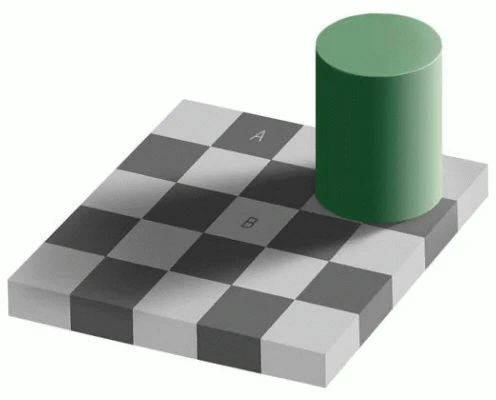 A checkerboard illusion with squares A and B; an animated comparison reveals that both squares are the same shade of gray.